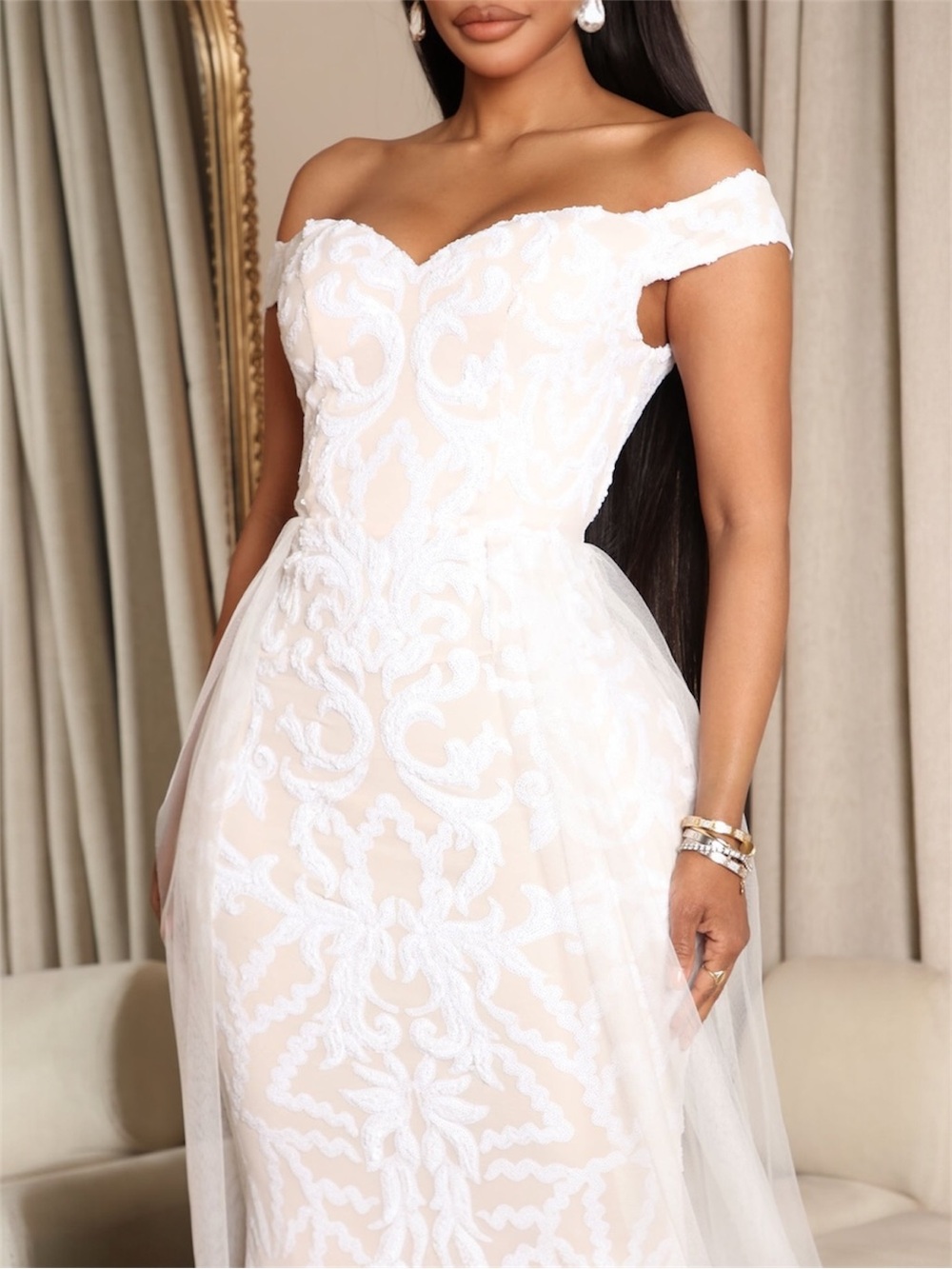 Off-Shoulder Lace Mermaid Bridal Gown with Tulle Overlay - M - Picture 2 of 5